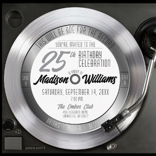 Silver Vinyl Record Retro 25th Birthday Party Invitation