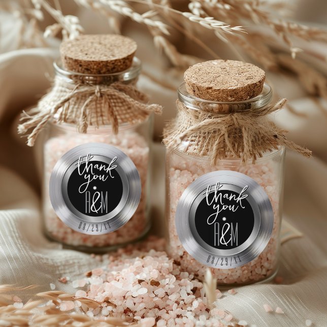 Silver Vinyl Record Retro Wedding Thank You Classic Round Sticker (Retro silver vinyl record black & white monogram wedding favor thank you round sticker sheet)