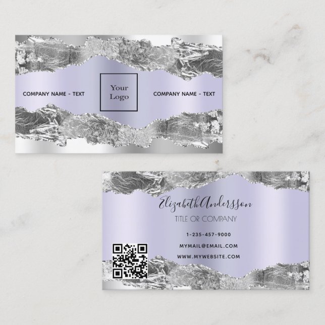Silver violet agate marble logo QR code Business Card (Front/Back)