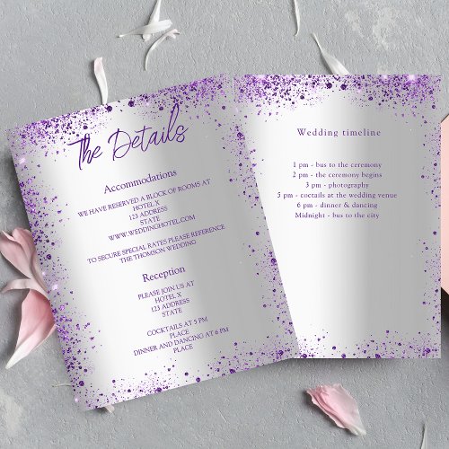 Silver violet budget wedding program details flyer