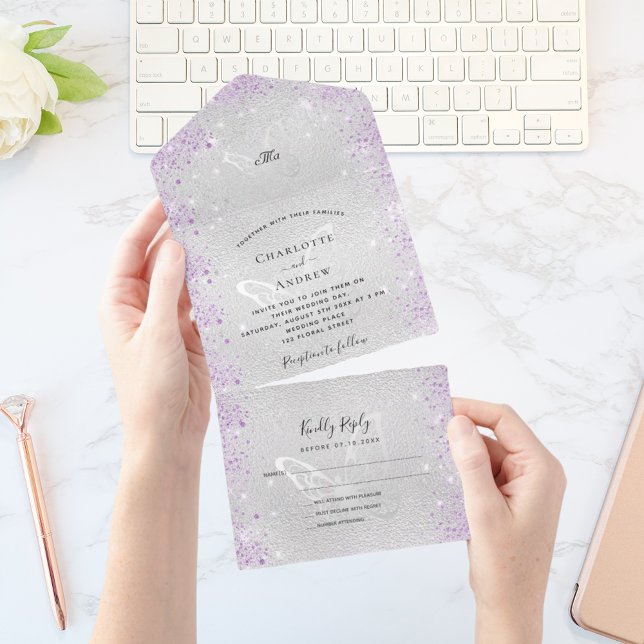 Silver violet butterflies sparkles wedding all in one invitation (Creator Uploaded)