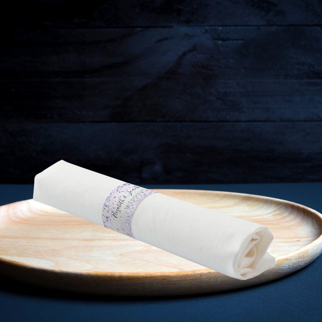 Silver violet confetti names wedding dinner napkin bands (Creator Uploaded)