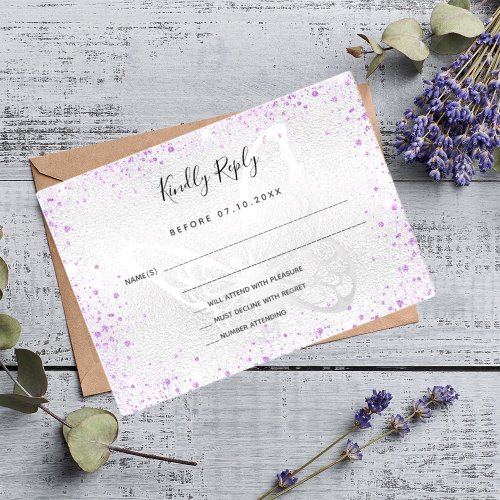 Silver violet glitter butterfly wedding RSVP Note Card