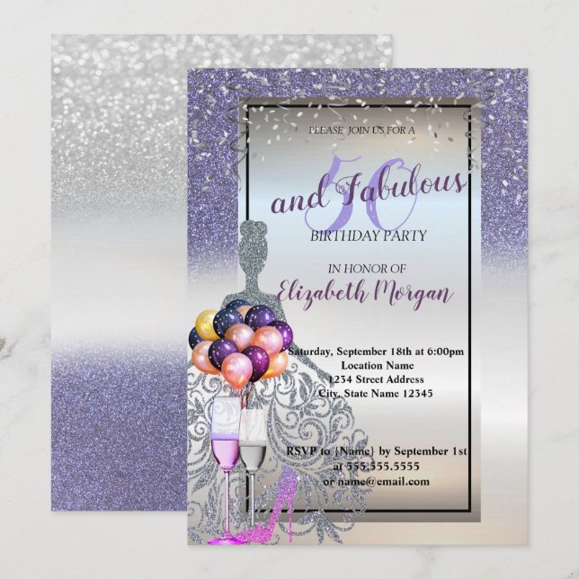 Silver Violet Glitter Dress,50th Birthday Party Invitation (Front/Back)