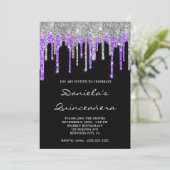 Silver Violet Glitter Drips Black Quinceañera Invitation (Standing Front)