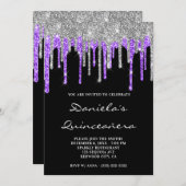 Silver Violet Glitter Drips Black Quinceañera Invitation (Front/Back)