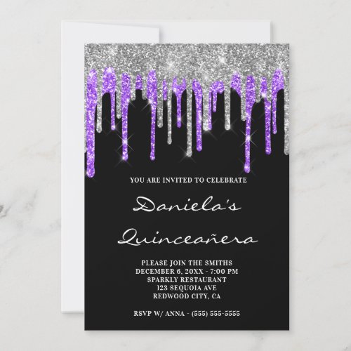 Silver Violet Glitter Drips Black Quinceaera Invitation