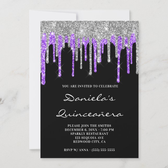 Silver Violet Glitter Drips Black Quinceañera Invitation (Front)