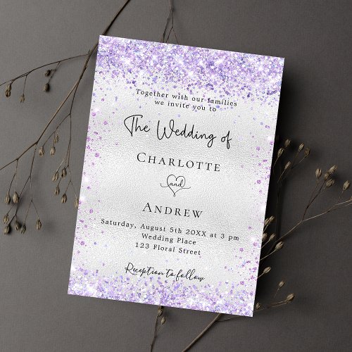 Silver violet glitter elegant luxury wedding invitation