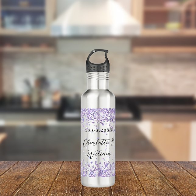 Silver violet glitter elegant wedding stainless steel water bottle (Creator Uploaded)