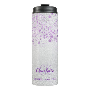 Silver violet glitter monogram initials thermal tumbler