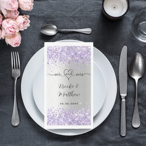 Silver violet glitter mr mrs heart wedding napkins