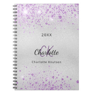 Silver violet glitter name monogram elegant notebook