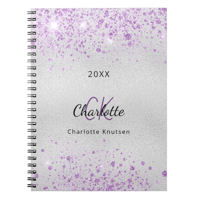 Silver violet glitter name monogram elegant notebook (Front)
