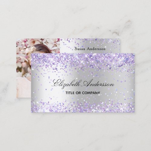 Silver violet glitter photo QR code beauty salon Business Card