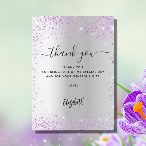 Silver violet glitter sparkles thank you card