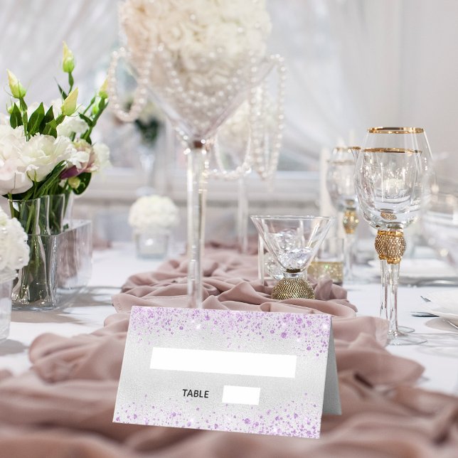 Silver violet glitter wedding place card (Creator Uploaded)