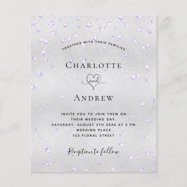 Silver violet hearts budget wedding invitation flyer (Front)