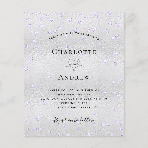 Silver violet hearts budget wedding invitation flyer