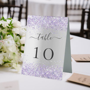 Silver violet lavender wedding table number tent