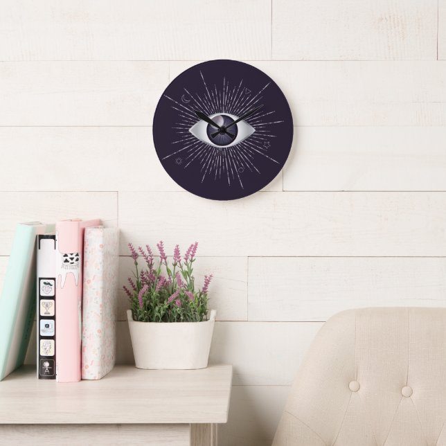 Silver & Violet Mystic Evil Eye Nazar Mati Large Clock (Reading Room)