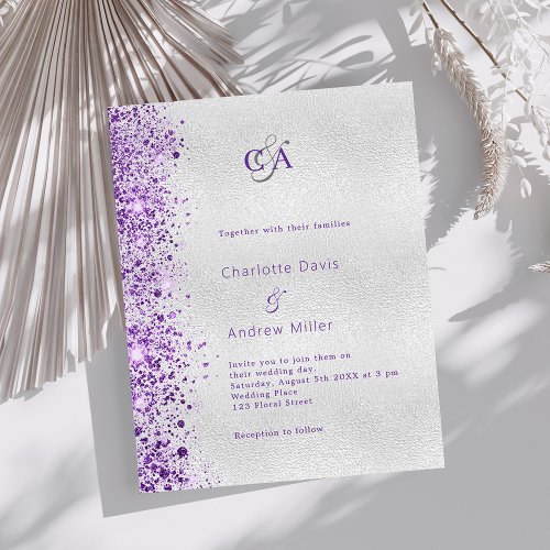 Silver violet purple budget wedding invitation