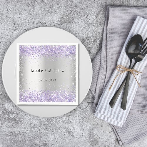 Silver violet purple glitter elegant wedding napkins