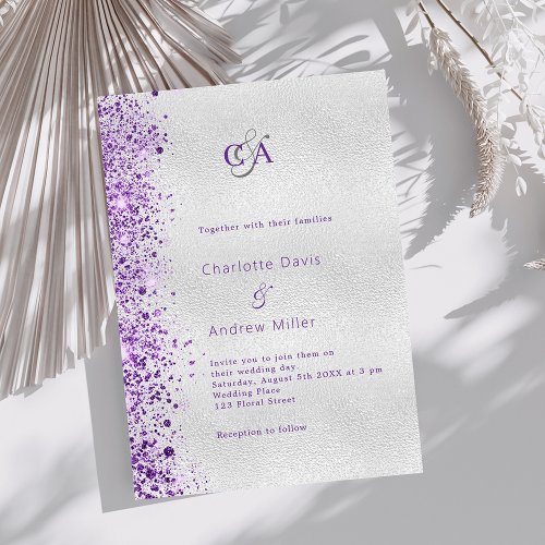 Silver violet purple sparkles luxury wedding invitation