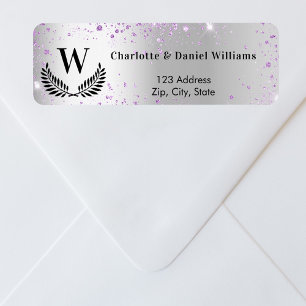 Silver violet sparkles monogram return address label