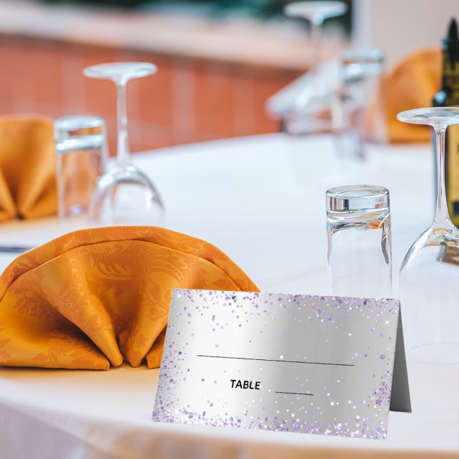 Silver violet sparkles names wedding place card (Creator Uploaded)