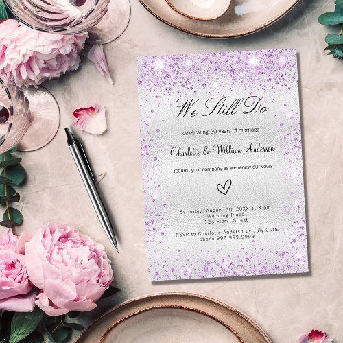 Silver violet vow wedding renewal invitation postcard