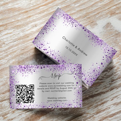 Silver violet wedding response website QR RSVP Enclosure Card