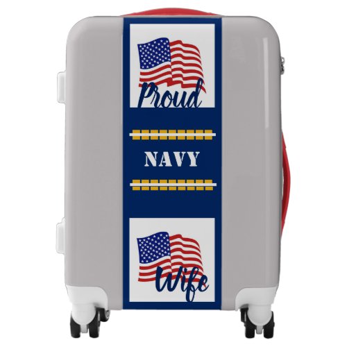 Silver w Red Proud Navy Wife Suitcase 
