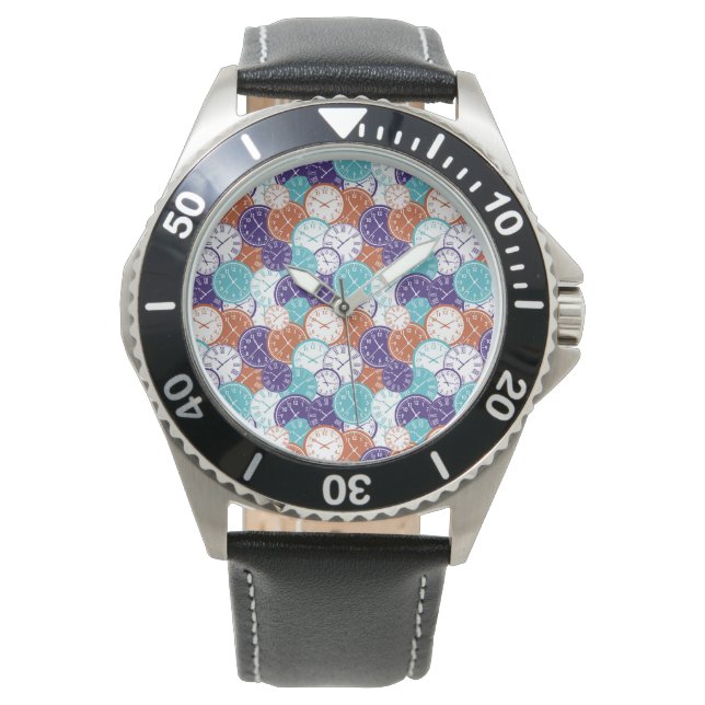 Silver watch with a colorful geometric mosaic dial (Front)