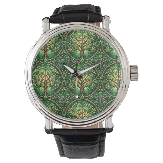 Silver watch with intricate tree design  (Front)