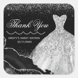 Silver Watercolor Dress & Glam Edge Sweet 16 Square Sticker