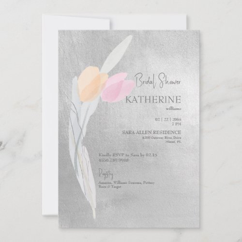  Silver Watercolor Pink Tulip Bridal Shower Invitation