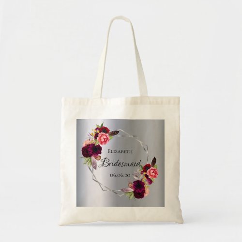 Silver watercolored florals burgundy Bridesmaid Tote Bag