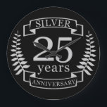 Silver wedding anniversary 25 years large clock<br><div class="desc">A design to celebrate 25 years of marriage. This design has a silver (grey) colored laurel design on a black background. Silver is the traditional gift for this occasion. The text reads Silver 25 years anniversary. A romantic design to celebrate your 25th year of marriage. If you would like any...</div>