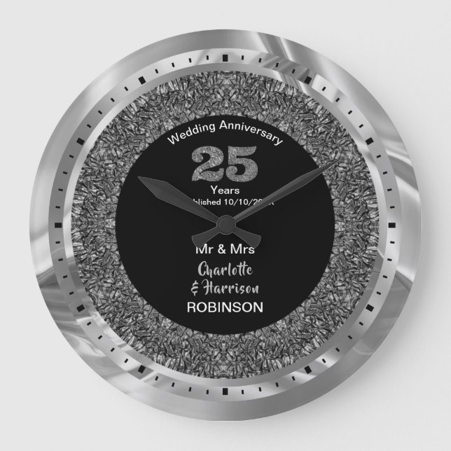 Silver Wedding Anniversary 25 Years Personalized Large Clock (Front)