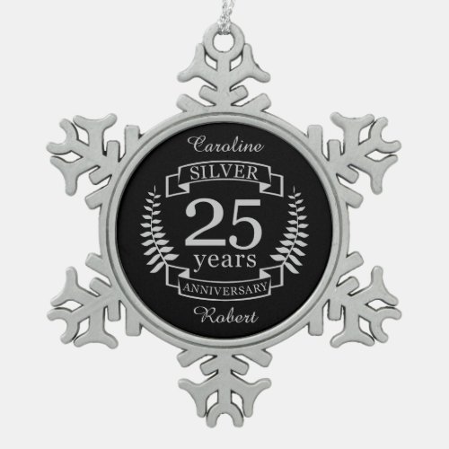 Silver wedding anniversary 25 years snowflake pewter christmas ornament