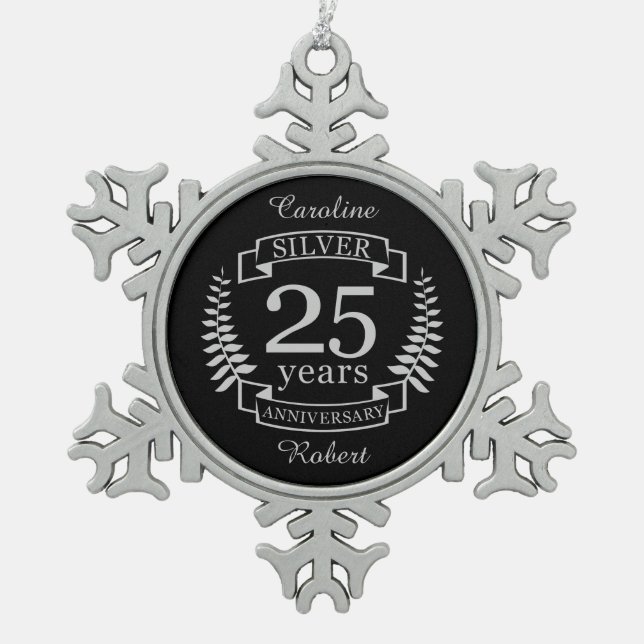 Silver wedding anniversary 25 years snowflake pewter christmas ornament (Front)