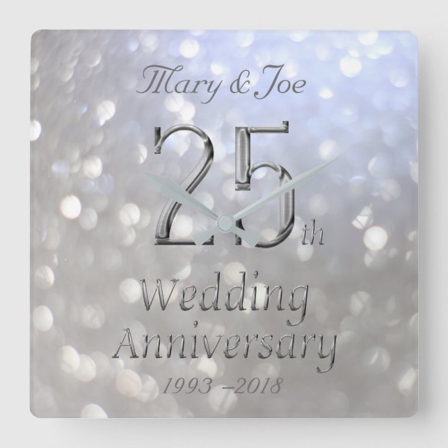 Silver Wedding Anniversary 25th Anniversary Bokeh Square Wall Clock (Front)