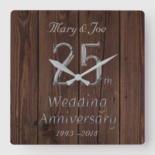 Silver Wedding Anniversary 25th Anniversary Rustic Square Wall Clock