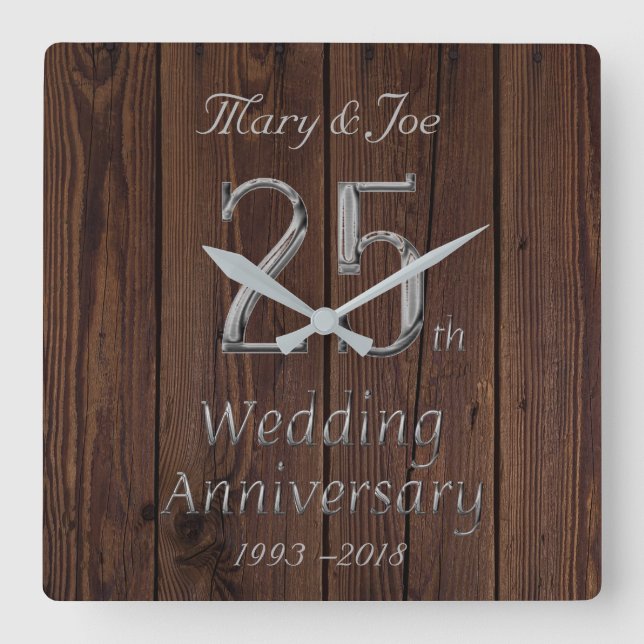 Silver Wedding Anniversary 25th Anniversary Rustic Square Wall Clock (Front)