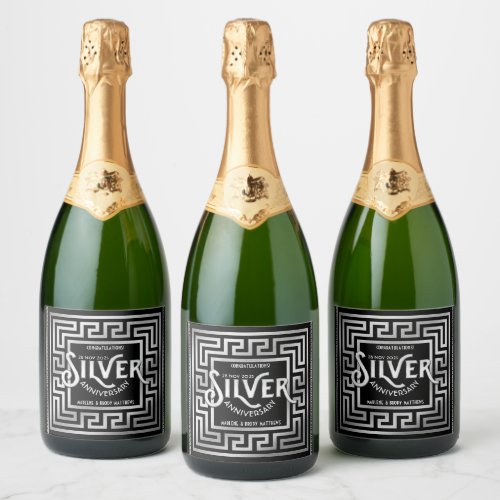 Silver Wedding Anniversary 25th Art Deco Glitter Sparkling Wine Label