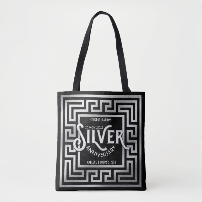 Silver Wedding Anniversary 25th Art Deco Glitter Tote Bag (Front)