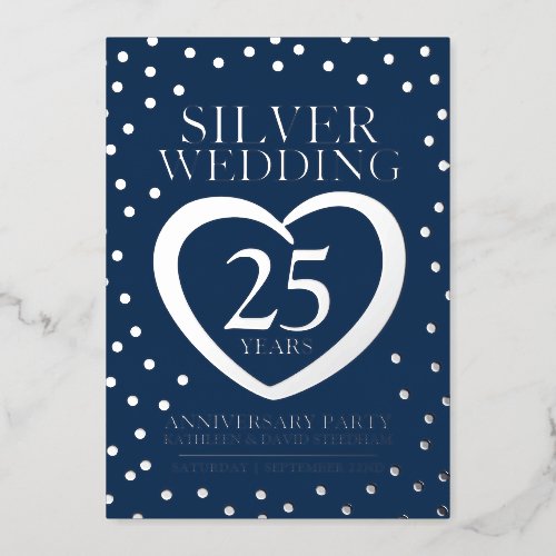 Silver wedding anniversary 25th party blue silver foil invitation