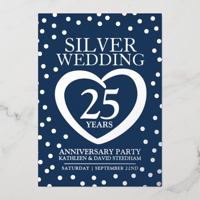 Silver wedding anniversary 25th party blue silver foil invitation (Front)
