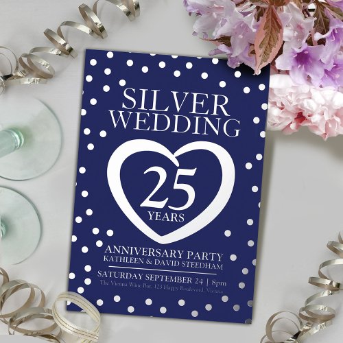 Silver wedding anniversary 25th party navy silver foil invitation